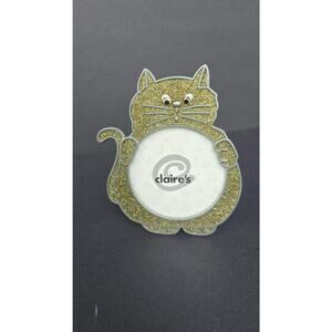 Claire's Golden Green Glitter Cat Mini Picture Frame Round Photo Tabletop Decor